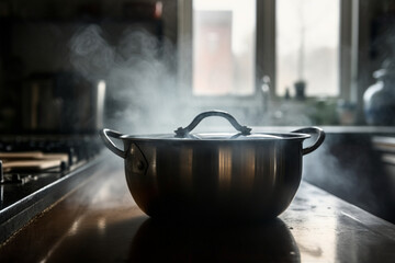 A blurred kitchen background with steam rising from a boiling pot on the stove Generative AI