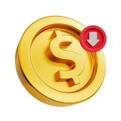 3d minimal business falling. soaring finances. stock up. strengthening currency. dollar coin with an arrow down. 3d illustration.