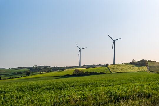 wind turbines farm in field