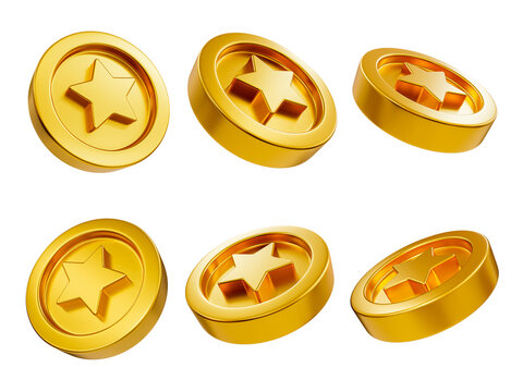 3d glossy star coins. 6 directions of shiny star coins. service rating. symbol of reward. 3d illustration.