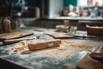 Blurred kitchen countertops with a rolling pin and flour scattered while preparing dough Generative AI