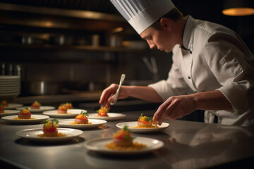 A blurred view of a chef arranging food on a plate with artistic precision in the background Generative AI
