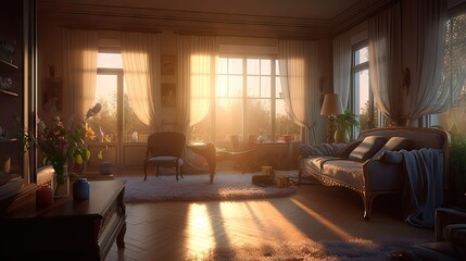 Fototapeta premium Serenity's Embrace: A Slightly Blurred Dreamy Living Room Bathed in the Glow of Nature 4. Generative AI