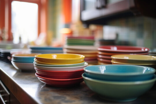 Blurred kitchen countertops with a stack of colorful plates ready to be served Generative AI