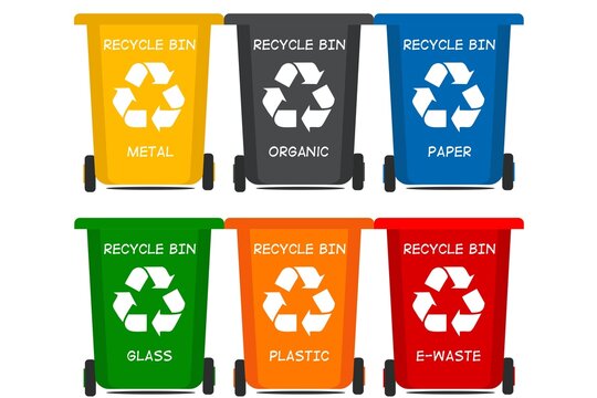 Different colored recycle waste bins vector illustration, Waste types segregation recycling vector illustration. Organic, batteries, metal plastic, paper, glass, e-waste, 2D, 3D.
