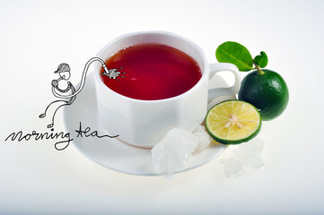  cup of tea with lemon and figure sketch