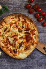 Tasty hot italian focaccia  pizza   with porcini mushroom,and cheese. Pizzeria menu. Concept poster...