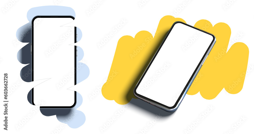 Poster realistic mobile phone template, on a modern background, brush strokes. top view, side view. templat