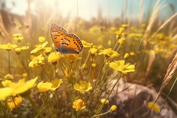 butterfly on a yellow flower. Generative AI.