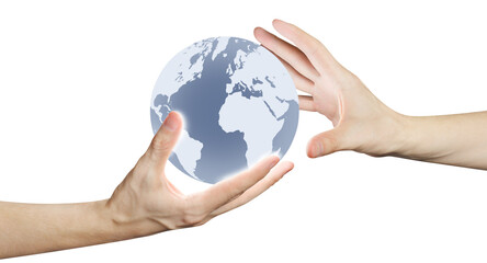 Hands sharing model of the Earth, cut out