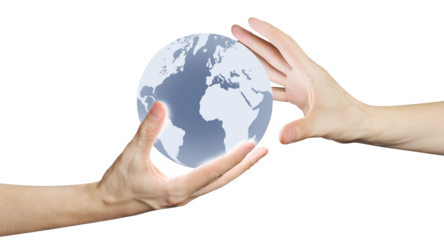 Hands sharing model of the Earth, cut out