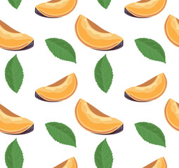Ripe plum slices with leaves. Seamless pattern in vector. Suitable for backgrounds and prints.