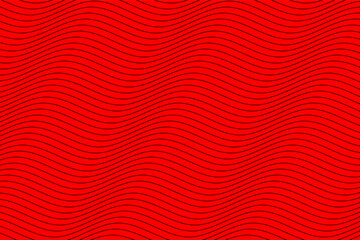 Black water wave lines fabric pattern on red background vector. Abstract liquid wavy stripes pattern. Horizontal optical illusion curve strips. Wall and floor ceramic tiles pattern.