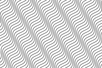 Black water wave lines fabric pattern on white background vector. Abstract liquid wavy stripes pattern. Diagonal optical illusion curve strips. Wall and floor ceramic tiles pattern.