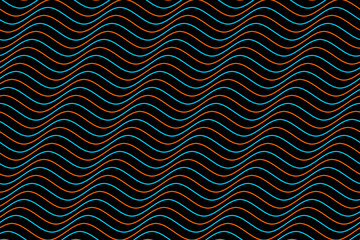 Orange and blue water wave lines fabric pattern on black background vector. Abstract liquid wavy stripes pattern. Horizontal optical illusion curve strips. Wall and floor ceramic tiles pattern.