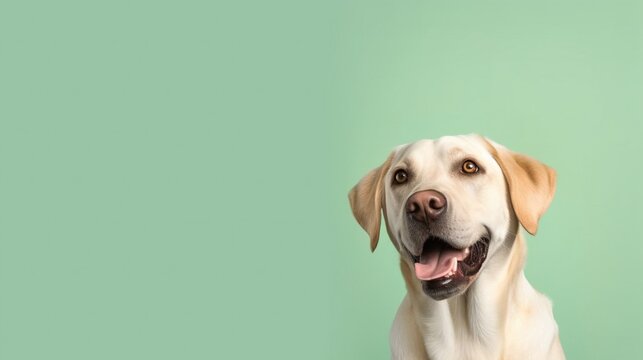 Labrador Retriever dog portrait on green background with copy space.Generative Ai