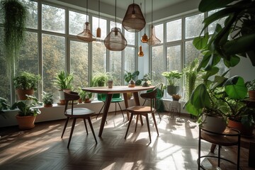 Biophilic interior design. A room with plants and a large window. generative ai