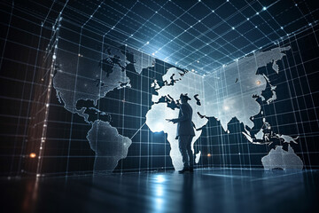 A man with a digital map of the world, user authentication system, technology and cybernetics, computer security system, cybersecurity, encryption, data protection, Generated AI.