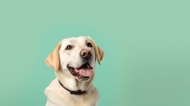 Labrador Retriever dog portrait on green background with copy space.Generative Ai