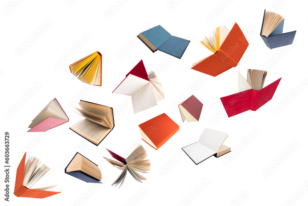 Canvas Prints Colorful hardcover books flying on white background.