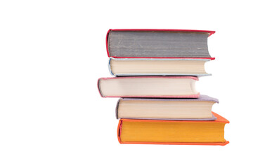 Composition with hardcover books, Books stacking, isolated on white background. Back to school. Copy Space. Education background.