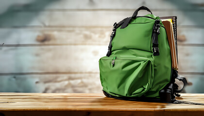 backpack on the background, free space for your decoration, background, Green backpack on wooden desk, wallpaper, travel