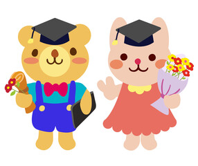 PNG, Graduation school, cute bear and rabbit characters