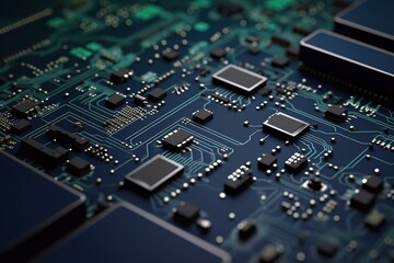 Abstract technology background. Circuit board with a microchips, generative ai beautiful art