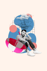Creative collage of depressed man his dreams about vacation failed tickets airport terminal broken parasol isolated on drawing background