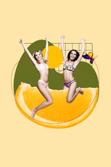 Collage of two girls have fun hands up sitting slice orange fruit advert new tasty cocktail pool party isolated on yellow background