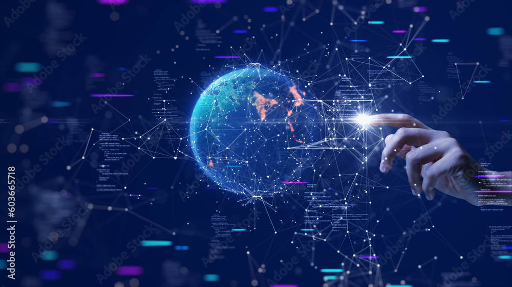 Poster Digital cyber era technology concept. Human hand touching interconnected polygons of massive amounts of data glowing on a dark blue background. New innovations that are coming to change the world.