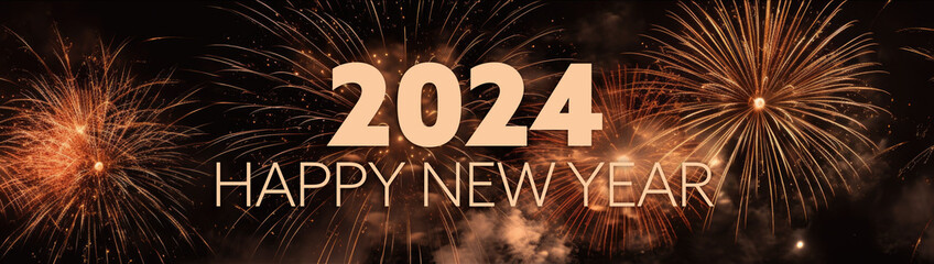 Happy new year 2024 banner, celebrating with fireworks