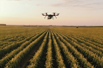 Fototapeta na wymiar Aerial View of Green Corn Field. Drone Farming Technology. High-Tech Agriculture. Generative AI illustrations.