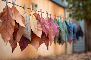 Dry colorful leaves hung up to dry on clothes line, last day of autumn