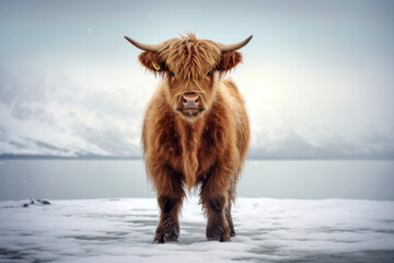 Furry horned highland cattle standing in a snowy frozen meadow