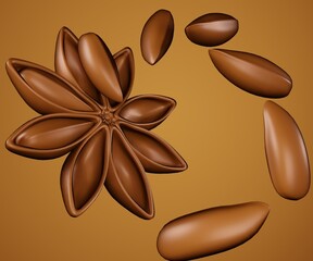 Isolated Illicium verum commonly called star anise fruit and seeds 3d rendering
