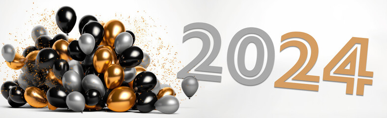 Happy New Year 2024 - festive banner with gold, black and gray balloons