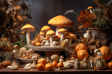 Colorful display of appetizing mushrooms on a rustic table, Generative AI