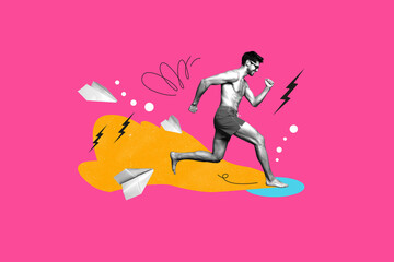 Collage picture of excited black white colors guy running beach flying paper planes isolated on pink background