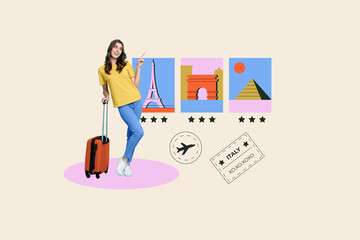 Collage portrait of girl hold suitcase point finger flight destination paris italy egypt pyramid three star econom class isolated on creative background