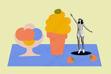Creative collage of mini black white effect girl point finger huge drawing ice cream strawberry fruit isolated on painted background - Powered by Adobe