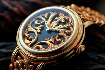 Luxurious shiny mechanic gold watch with brilliant ancient ornaments, Generative AI