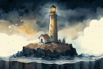 A lighthouse, with a beacon of light shining, against a dark, coastal background, generative ai
