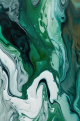 Abstract vertical background in fluid art style. Green and white liquid acrylic paint. AI generative.