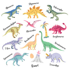 Set of cute bright dinosaurs including T-rex, Brontosaurus, Triceratops, Velociraptor, Pteranodon, Allosaurus, etc. Isolated on white Trend illustration for kid