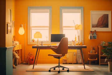 Fototapeta premium stylish home interior in bright colours, working place with chair and table, computer, created with Generative AI Technology