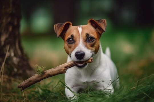 Young Jack Russell Terrier with a branch in his mouth on the grass in the park, created with Generative AI Technology