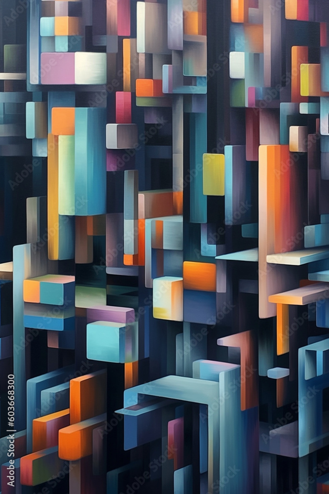 Aufkleber  An abstract painting featuring a grid of intersecting geometric shapes in a monochromatic color palette, creating a sense of order and structure. Generative AI technology.