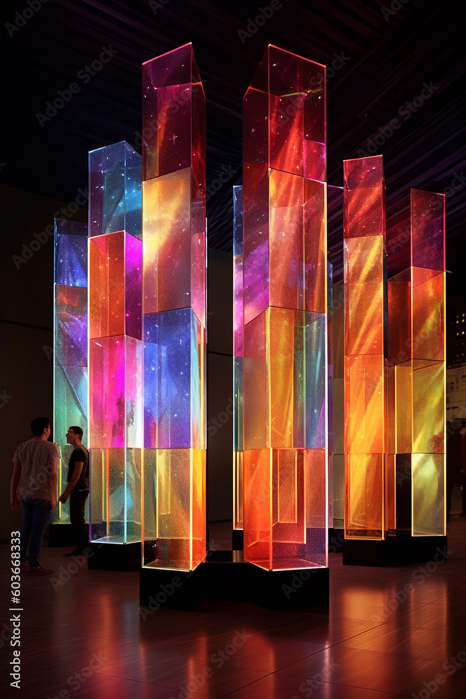 Poster a sculptural installation composed of transparent geometric panels, generative ai technology.