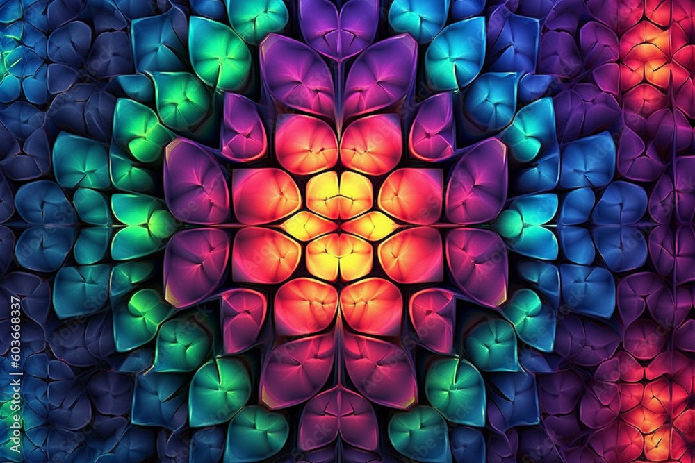 Poster  A digital artwork showcasing a fractal pattern of repeating geometric shapes, exploring the infinite possibilities of mathematical algorithms. Generative AI technology.